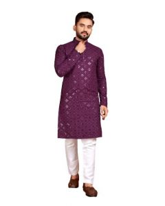Embroided Cotton Kurta for Men with Mirror Work